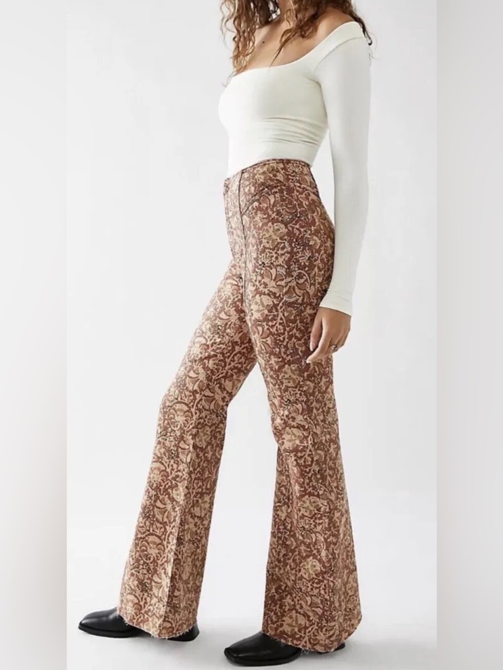 Free People CRVY Wild Honey Printed Flare Jeans We The Free Raw Hem size 26